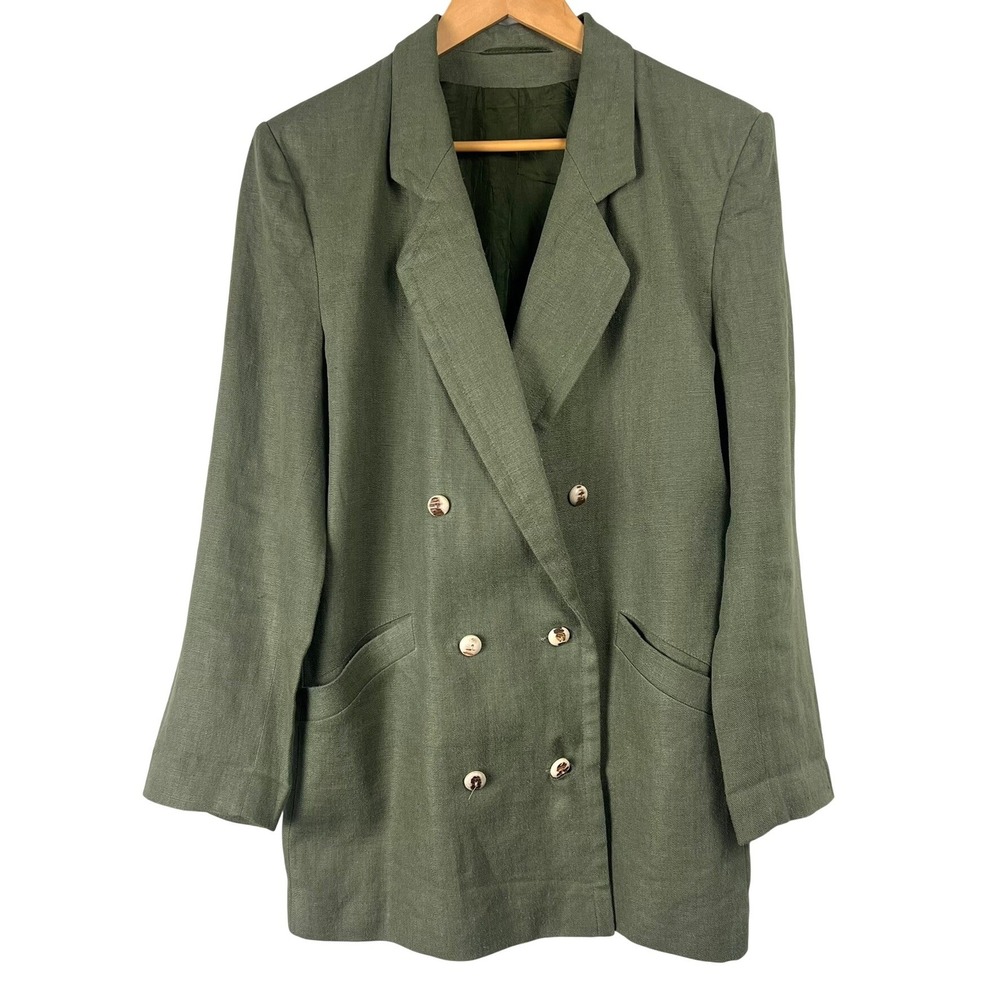 Vintage Olive Green 100% Linen Double Breasted Blazer Jacket Women 36 Us 6